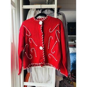 VTG Candy Cane Neck Stitching Lace Up Pullover Knitted Sweater Womens Large
